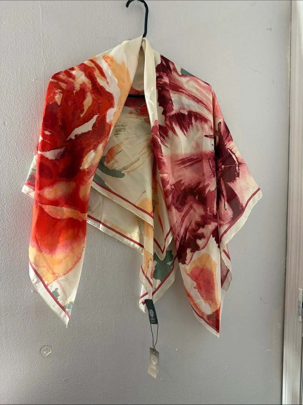 Vince Camuto Floral Watercolor Silk-Feel Scarf in Red and Cream - Elegant Accent